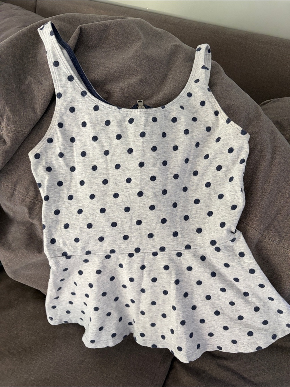 Express Light Gray Tank Top with Navy Polka Dots